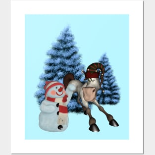 Christmas, funny cartoon horse with snowman Posters and Art